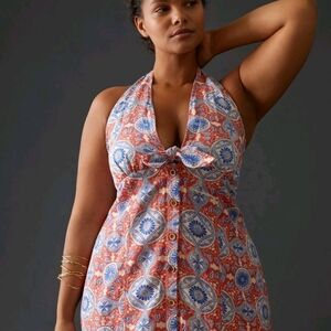 Maeve Halter Slim Mini Dress Anthropologie Button Printed V Neck Blue NWT XXSP